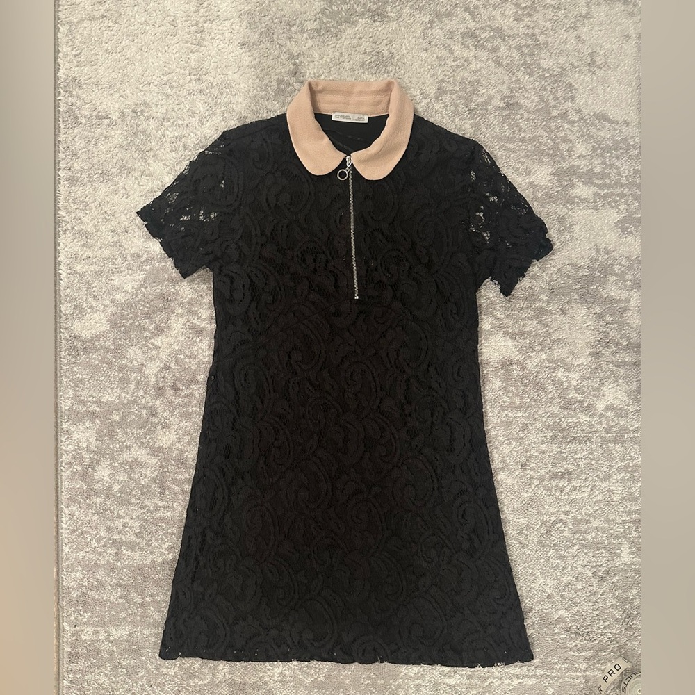 ZARA Elegant Black Lace Mini Dress with pink Collar